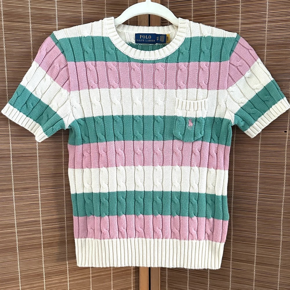 Vintage Polo Ralph Lauren Cable Knit Short Sleeve Sweater XS Striped Preppy - Picture 8 of 8
